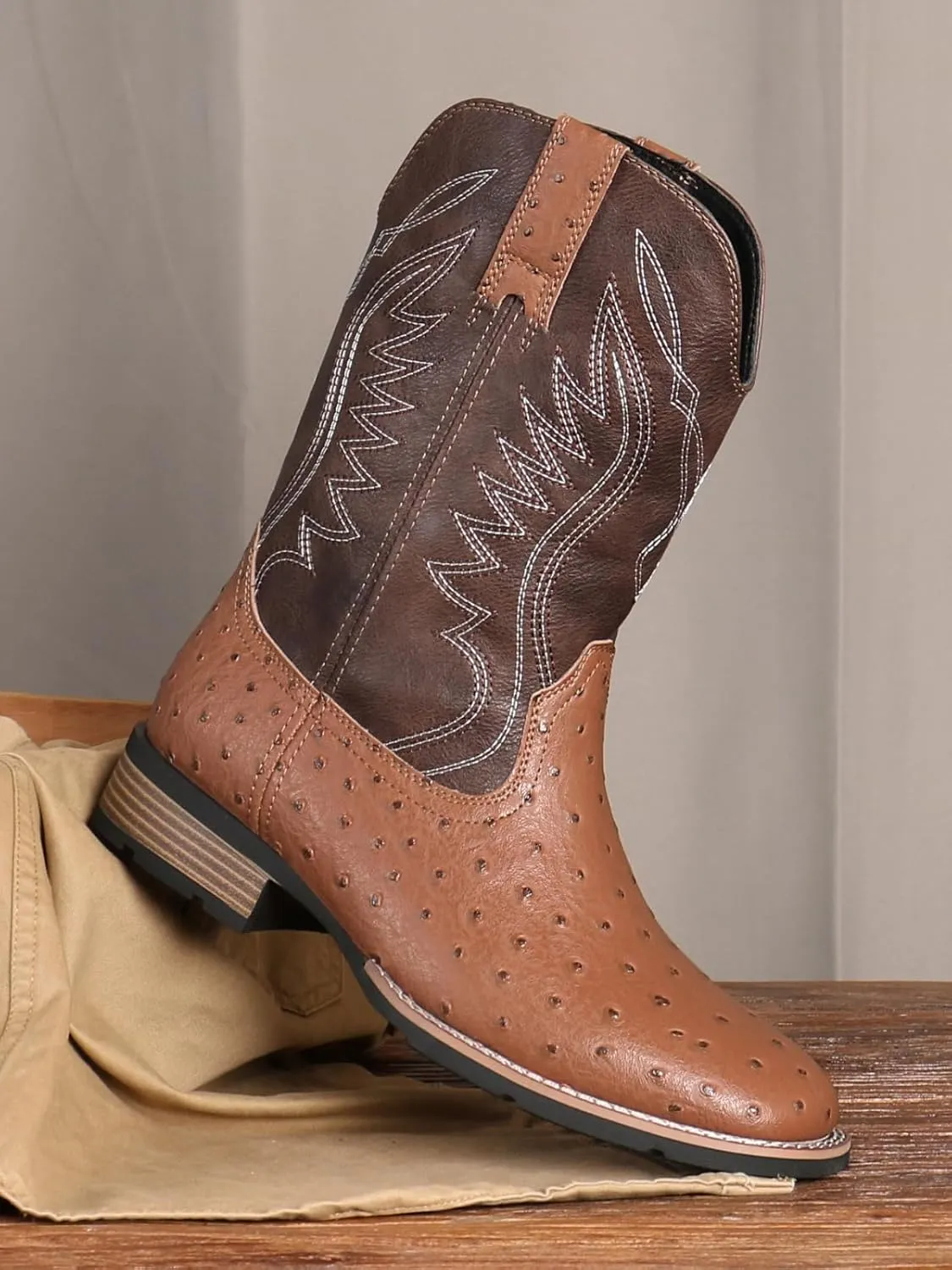 Men's raised ostrich square casual boots, Western cowboy Classic embroidered square calf boots