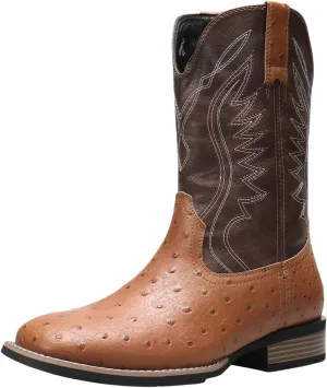 Men's raised ostrich square casual boots, Western cowboy Classic embroidered square calf boots