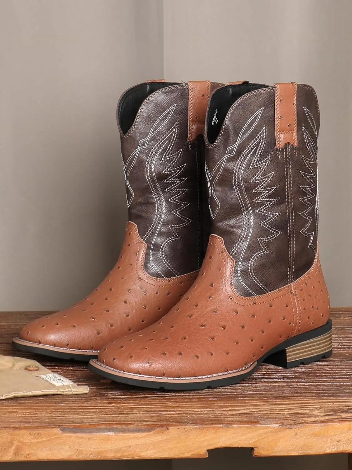 Men's raised ostrich square casual boots, Western cowboy Classic embroidered square calf boots