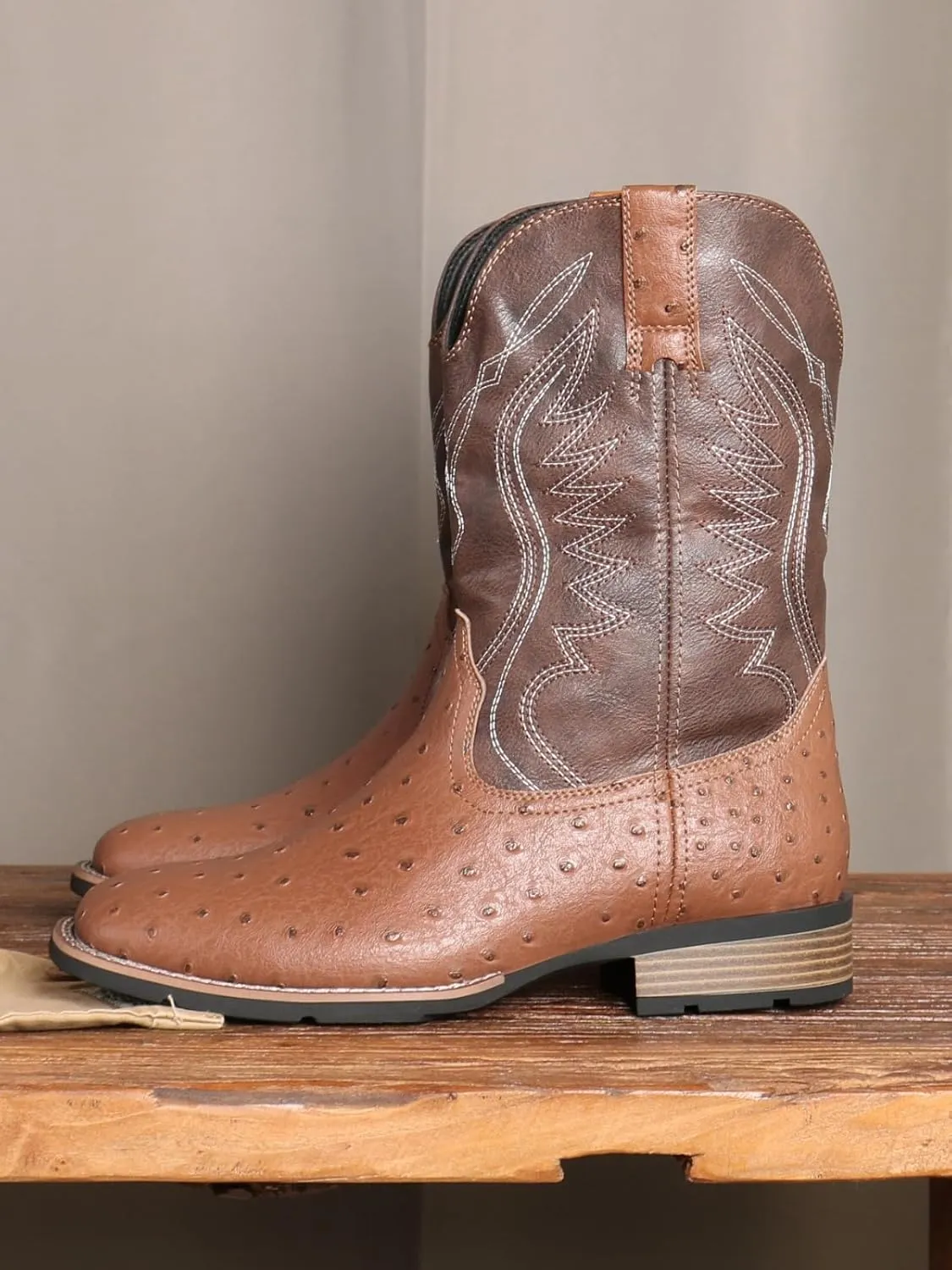 Men's raised ostrich square casual boots, Western cowboy Classic embroidered square calf boots