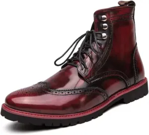 Mens Retro Brogue Leather Lace-Up High Top Ankle Boots Casual Vintage Wingtip Chukka Dress Boots for Business Office Daily Formal