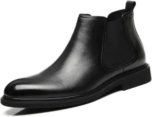 Mens Round Toe Chelsea Boots, Elastic Bands, Vegan Leather, Wearable on Skid, Waterproof, Non-Slip, Classic