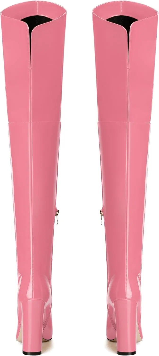 MERRORI Women's Thigh High Boots Pointed Toe 4.3-Inch Chunky Heel Over The Knee Boots Patent Sexy Fashion Side Zipper High Heel Boots