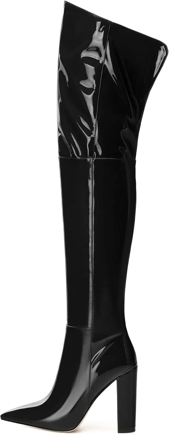 MERRORI Women's Thigh High Boots Pointed Toe 4.3-Inch Chunky Heel Over The Knee Boots Patent Sexy Fashion Side Zipper High Heel Boots