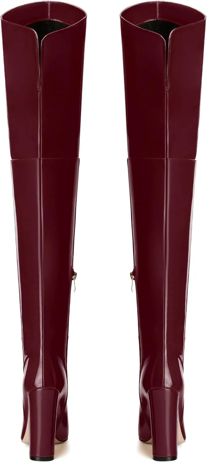MERRORI Women's Thigh High Boots Pointed Toe 4.3-Inch Chunky Heel Over The Knee Boots Patent Sexy Fashion Side Zipper High Heel Boots