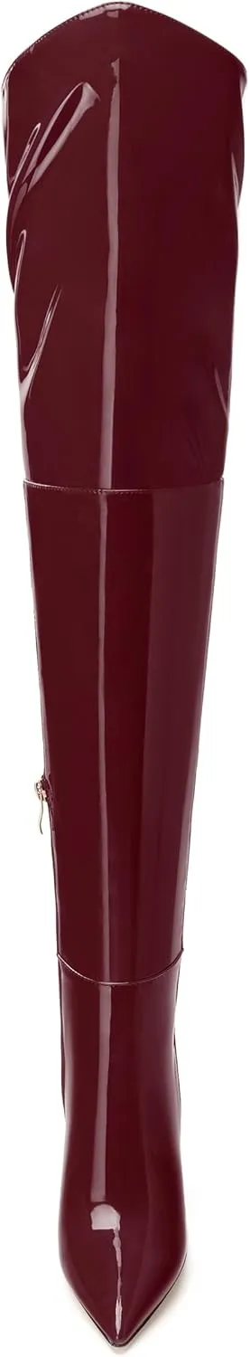 MERRORI Women's Thigh High Boots Pointed Toe 4.3-Inch Chunky Heel Over The Knee Boots Patent Sexy Fashion Side Zipper High Heel Boots