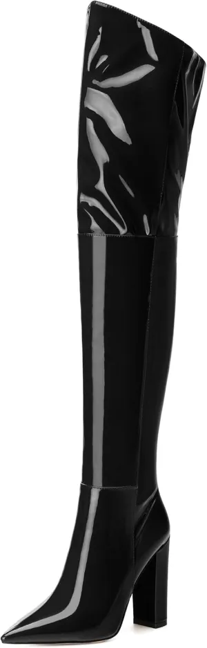MERRORI Women's Thigh High Boots Pointed Toe 4.3-Inch Chunky Heel Over The Knee Boots Patent Sexy Fashion Side Zipper High Heel Boots