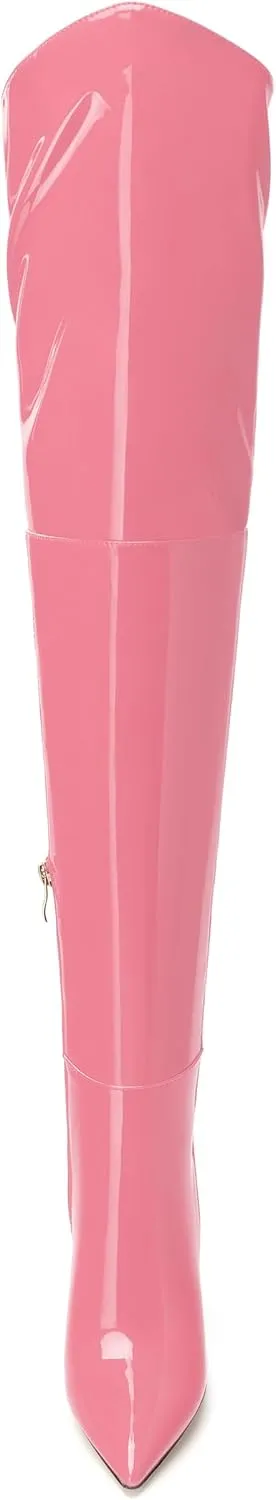 MERRORI Women's Thigh High Boots Pointed Toe 4.3-Inch Chunky Heel Over The Knee Boots Patent Sexy Fashion Side Zipper High Heel Boots