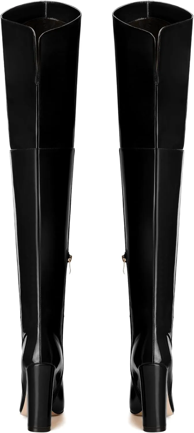 MERRORI Women's Thigh High Boots Pointed Toe 4.3-Inch Chunky Heel Over The Knee Boots Patent Sexy Fashion Side Zipper High Heel Boots