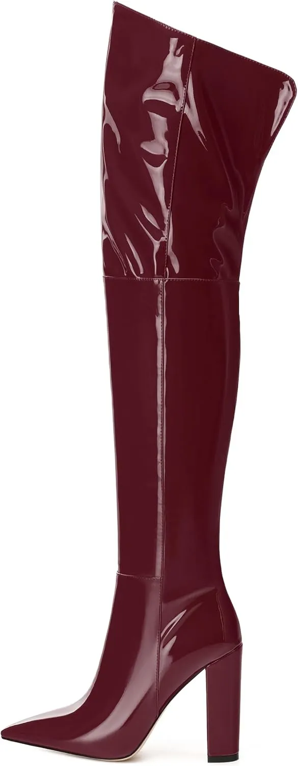 MERRORI Women's Thigh High Boots Pointed Toe 4.3-Inch Chunky Heel Over The Knee Boots Patent Sexy Fashion Side Zipper High Heel Boots
