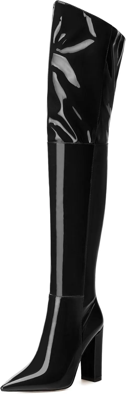 MERRORI Women's Thigh High Boots Pointed Toe 4.3-Inch Chunky Heel Over The Knee Boots Patent Sexy Fashion Side Zipper High Heel Boots