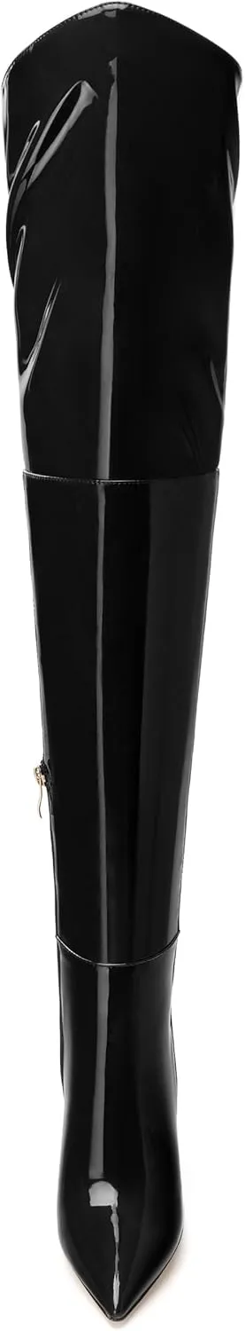 MERRORI Women's Thigh High Boots Pointed Toe 4.3-Inch Chunky Heel Over The Knee Boots Patent Sexy Fashion Side Zipper High Heel Boots
