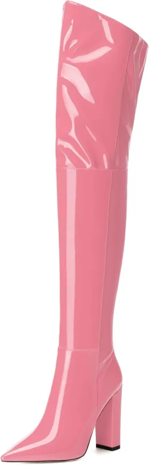 MERRORI Women's Thigh High Boots Pointed Toe 4.3-Inch Chunky Heel Over The Knee Boots Patent Sexy Fashion Side Zipper High Heel Boots