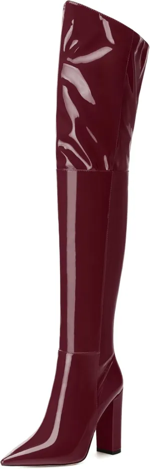 MERRORI Women's Thigh High Boots Pointed Toe 4.3-Inch Chunky Heel Over The Knee Boots Patent Sexy Fashion Side Zipper High Heel Boots