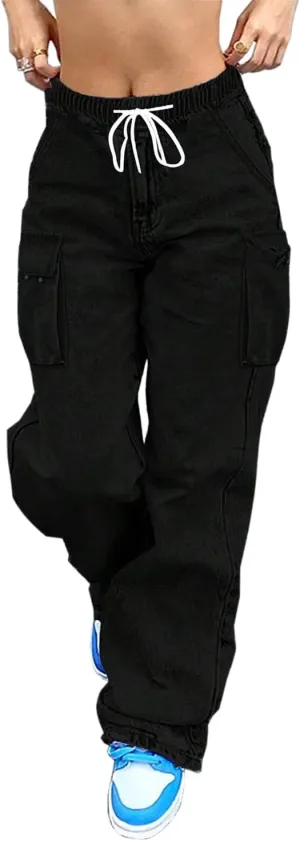 Mid Rise Cargo Jeans Women Elastic Waist Stretch Wide Leg Denim Pants with Pockets Baggy Streetwear Pants y2k