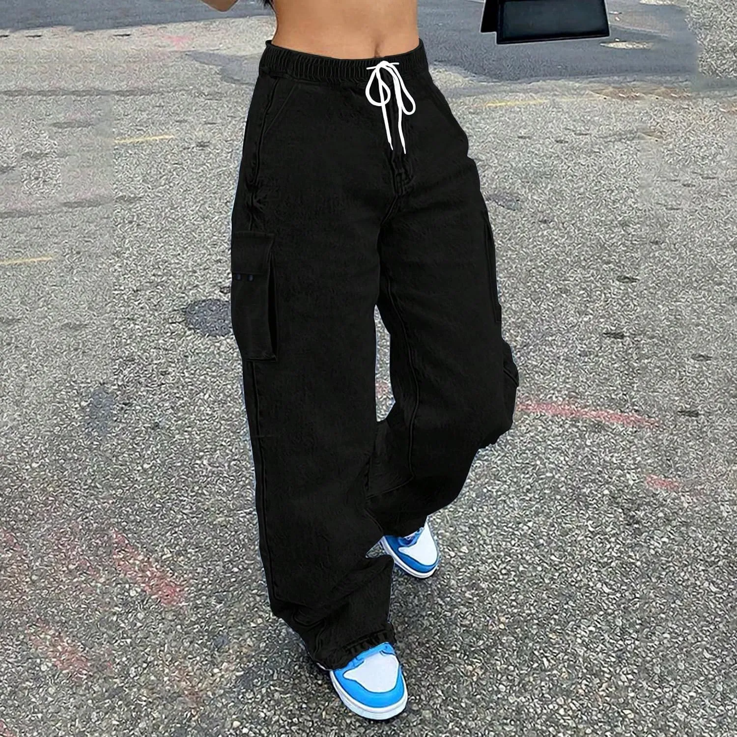 Mid Rise Cargo Jeans Women Elastic Waist Stretch Wide Leg Denim Pants with Pockets Baggy Streetwear Pants y2k