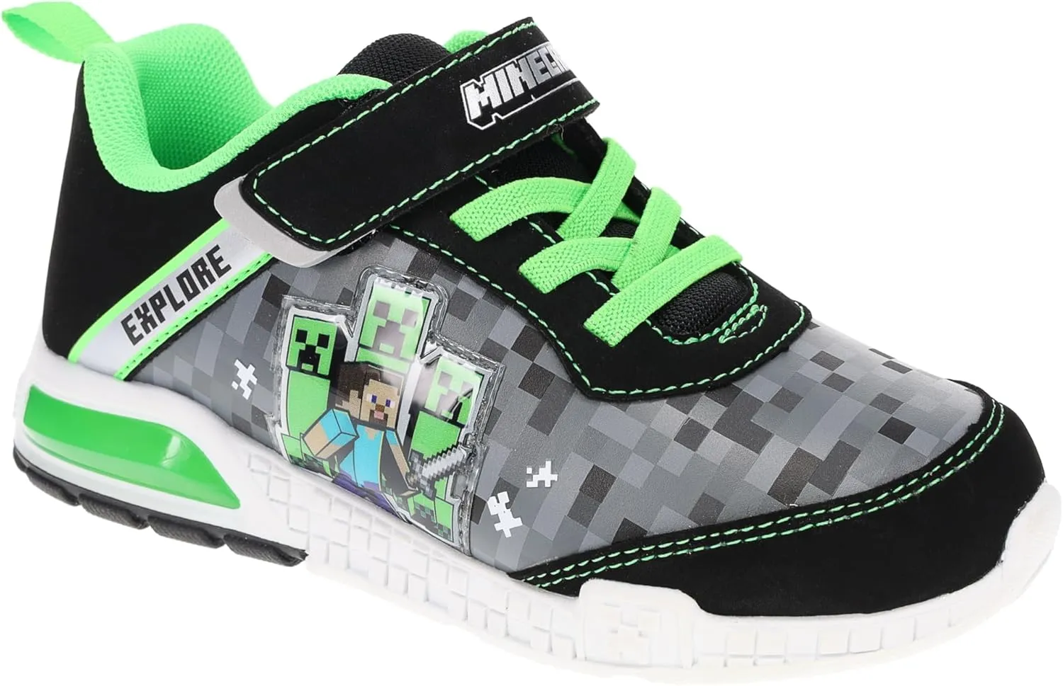 Minecraft Official Light Up Shoes for Boys, High-Top Sneakers for Little Kid/Big Kid, Navy/Green