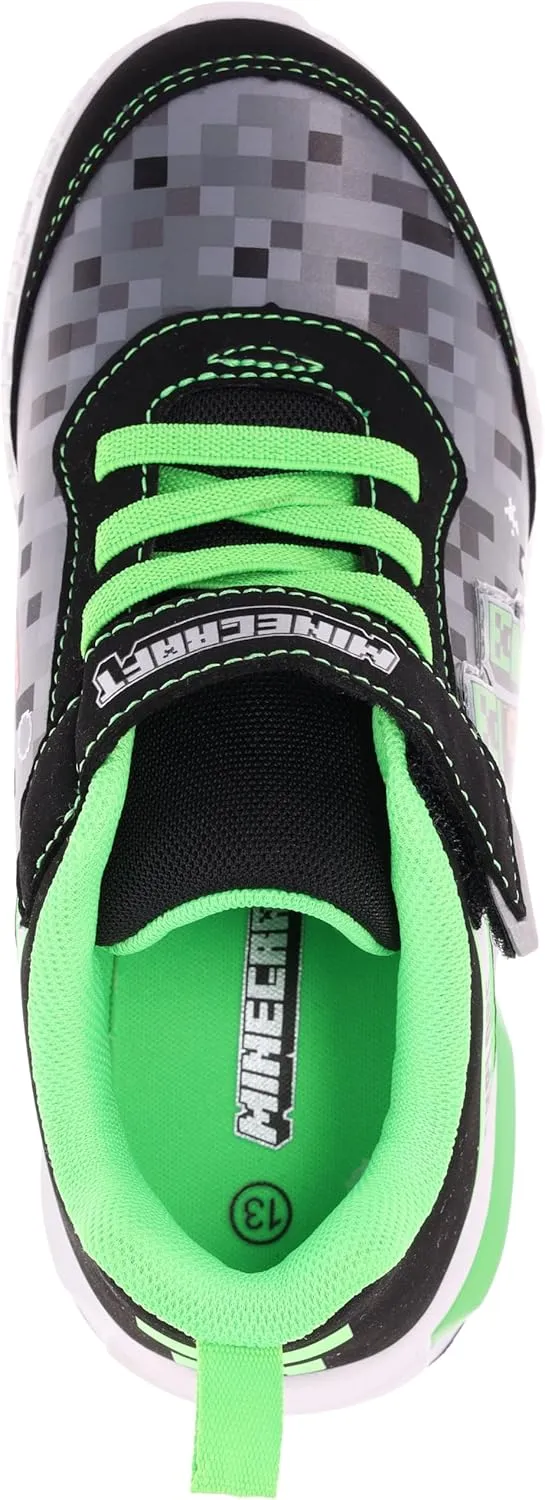 Minecraft Official Light Up Shoes for Boys, High-Top Sneakers for Little Kid/Big Kid, Navy/Green