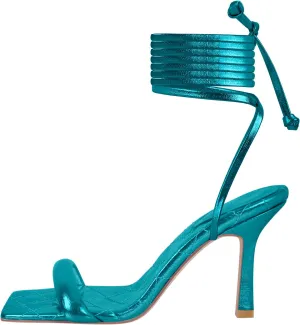 MissHeel Soft Padded Metallic Lace Up High Heel Sandals Suqare Toe