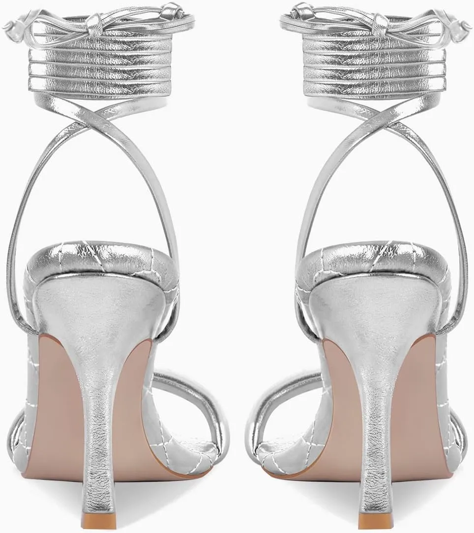 MissHeel Soft Padded Metallic Lace Up High Heel Sandals Suqare Toe