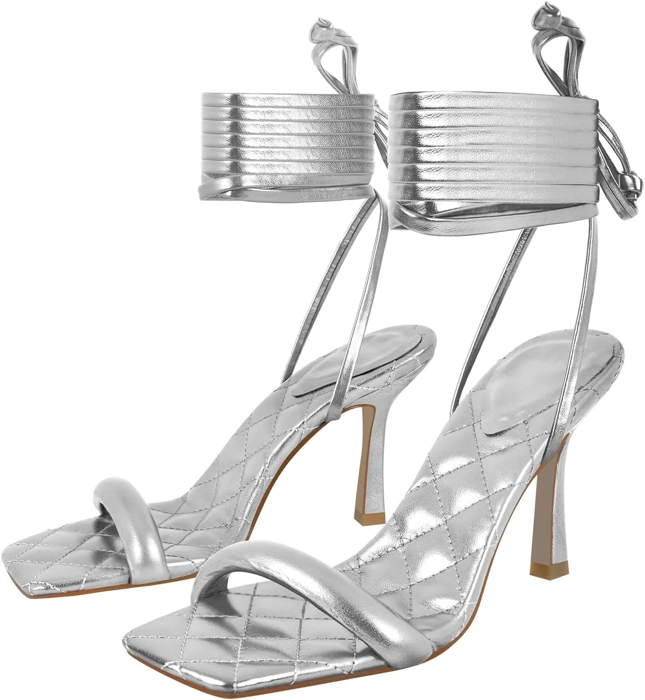 MissHeel Soft Padded Metallic Lace Up High Heel Sandals Suqare Toe