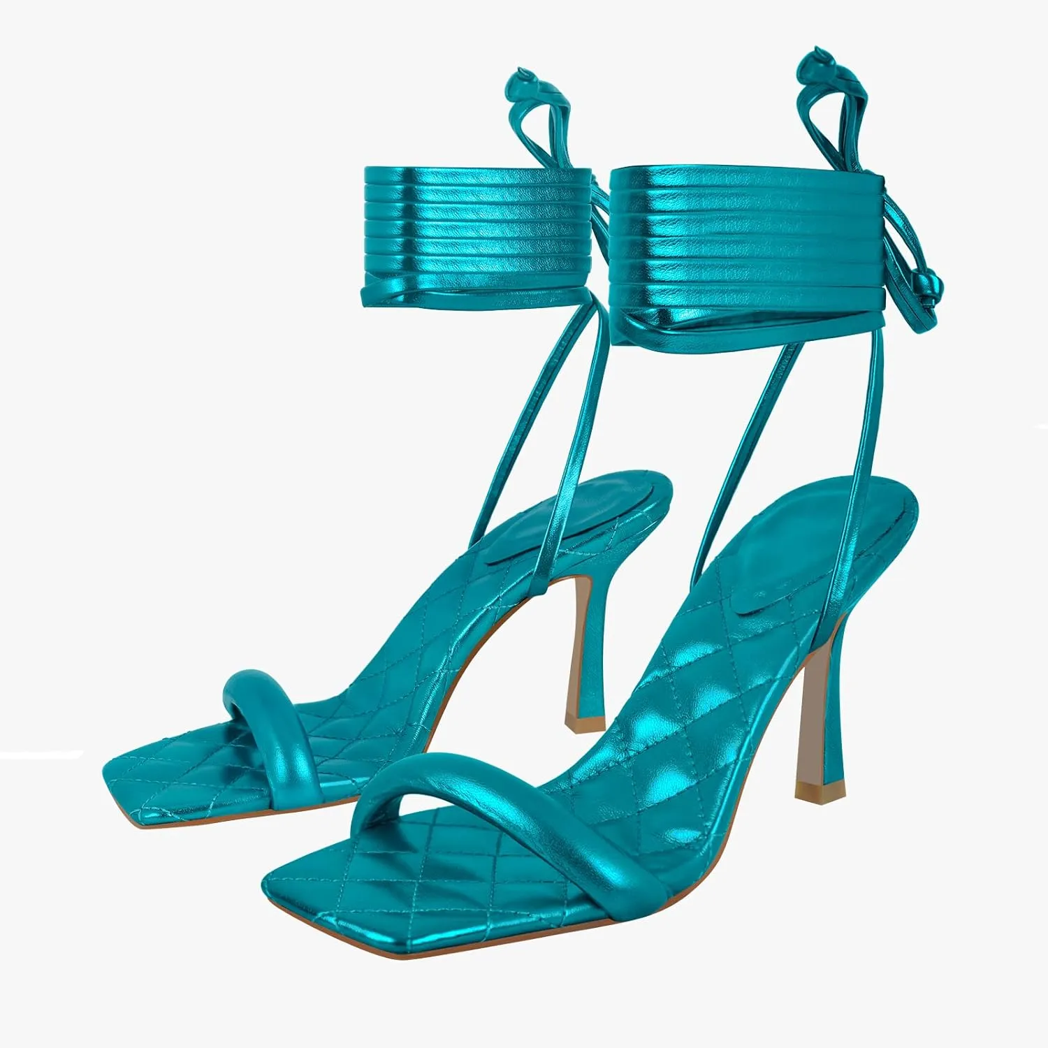 MissHeel Soft Padded Metallic Lace Up High Heel Sandals Suqare Toe
