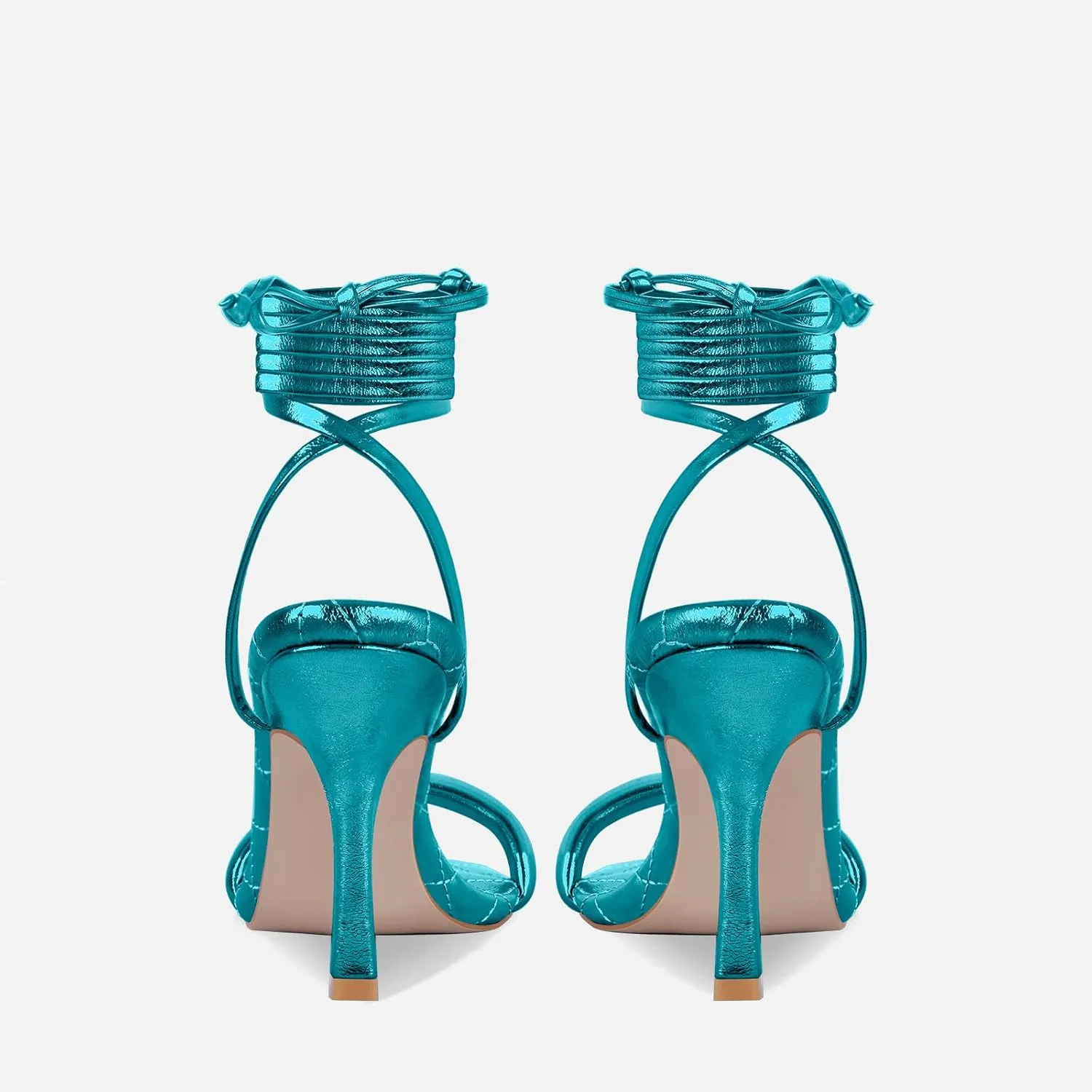 MissHeel Soft Padded Metallic Lace Up High Heel Sandals Suqare Toe