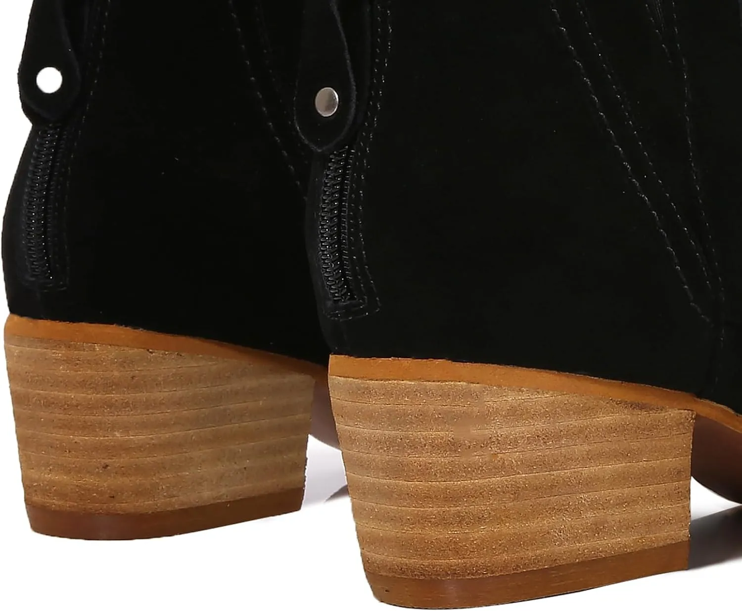 mm Women's Leather Ankle Boots, Classic Pointed Toe Chunky Low Wooden Heel Back Zipper Casual Chelsea Western Booties for Ladies Fall,Black Khaki