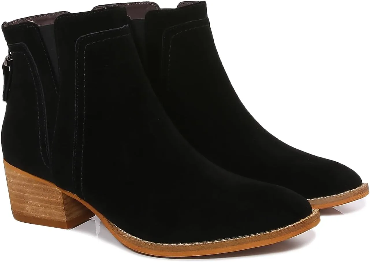 mm Women's Leather Ankle Boots, Classic Pointed Toe Chunky Low Wooden Heel Back Zipper Casual Chelsea Western Booties for Ladies Fall,Black Khaki