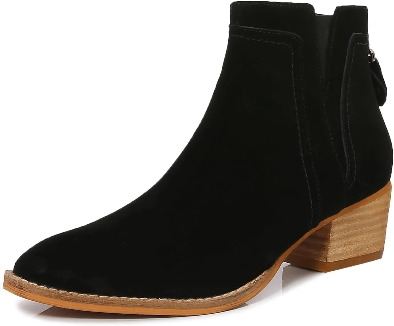 mm Women's Leather Ankle Boots, Classic Pointed Toe Chunky Low Wooden Heel Back Zipper Casual Chelsea Western Booties for Ladies Fall,Black Khaki