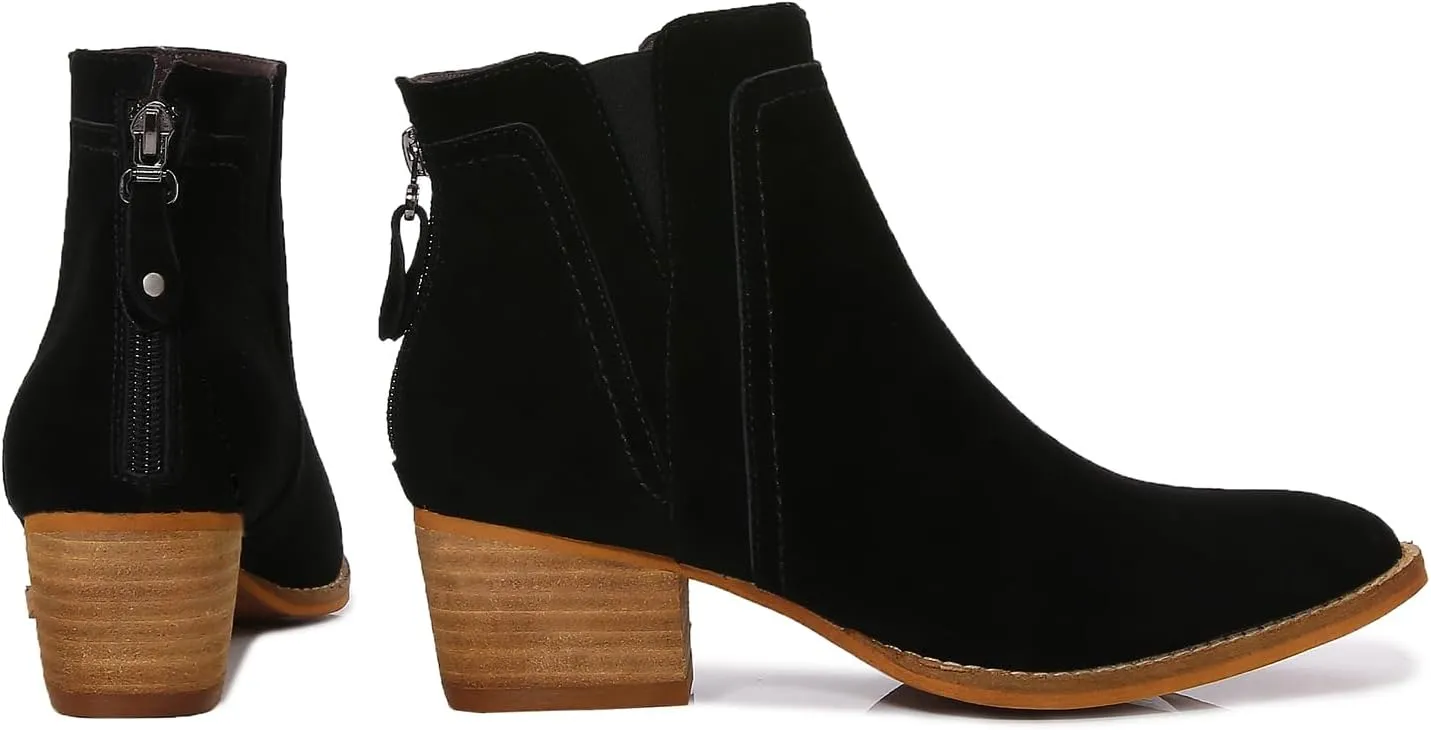 mm Women's Leather Ankle Boots, Classic Pointed Toe Chunky Low Wooden Heel Back Zipper Casual Chelsea Western Booties for Ladies Fall,Black Khaki