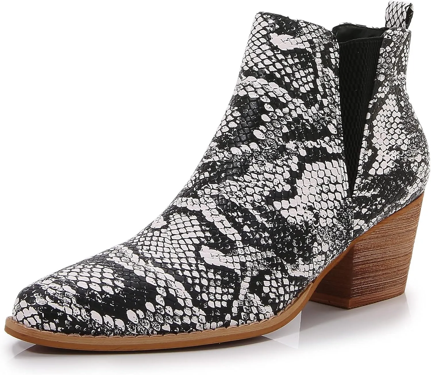 mm Women's Pointed Toe Mid Heels Chelsea Ankle Boots, Slip On Elastic Chunky Block Wooden Heel Short Western Booties for Ladies, Fall, Black, Brown, Snake White