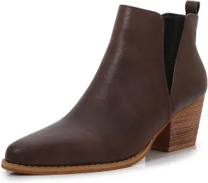 mm Women's Pointed Toe Mid Heels Chelsea Ankle Boots, Slip On Elastic Chunky Block Wooden Heel Short Western Booties for Ladies, Fall, Black, Brown, Snake White