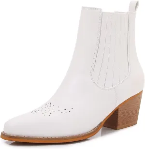 mm Women's Pointed Toe Mid Heels Chelsea Ankle Boots, Slip On Elastic Chunky Block Wooden Heel Short Western Cowboy Short Booties for Ladies, Brown Black White