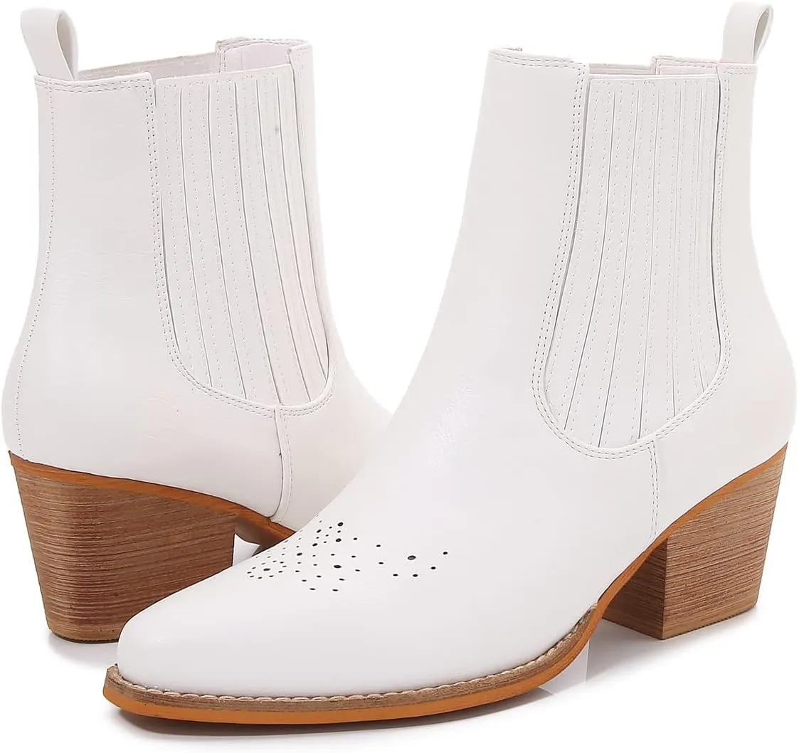 mm Women's Pointed Toe Mid Heels Chelsea Ankle Boots, Slip On Elastic Chunky Block Wooden Heel Short Western Cowboy Short Booties for Ladies, Brown Black White