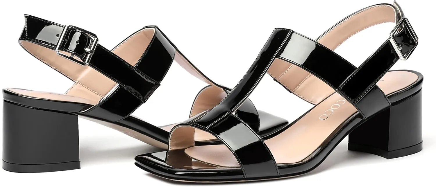 MODENCOCO Women's Buckle Dressy Patent Comfortable Dating Ankle Strap Open Toe Chunky Low Heel Heeled Sandals 2 Inch