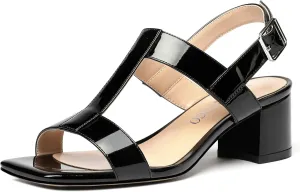 MODENCOCO Women's Buckle Dressy Patent Comfortable Dating Ankle Strap Open Toe Chunky Low Heel Heeled Sandals 2 Inch