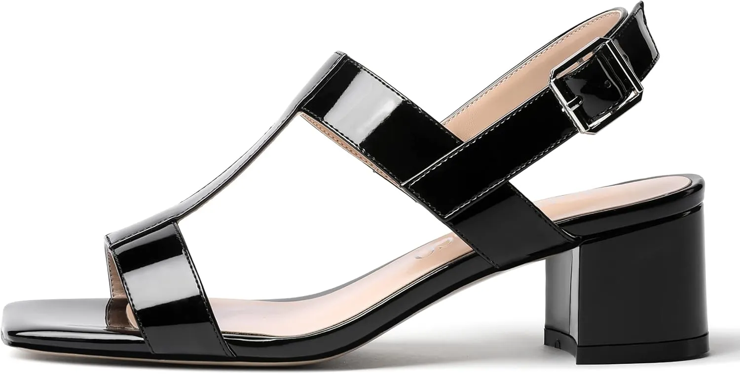 MODENCOCO Women's Buckle Dressy Patent Comfortable Dating Ankle Strap Open Toe Chunky Low Heel Heeled Sandals 2 Inch