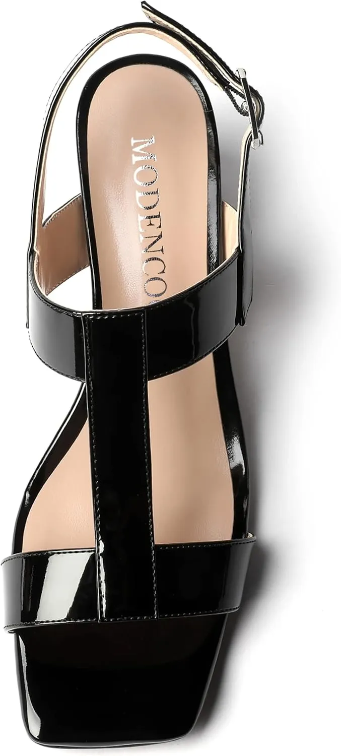 MODENCOCO Women's Buckle Dressy Patent Comfortable Dating Ankle Strap Open Toe Chunky Low Heel Heeled Sandals 2 Inch