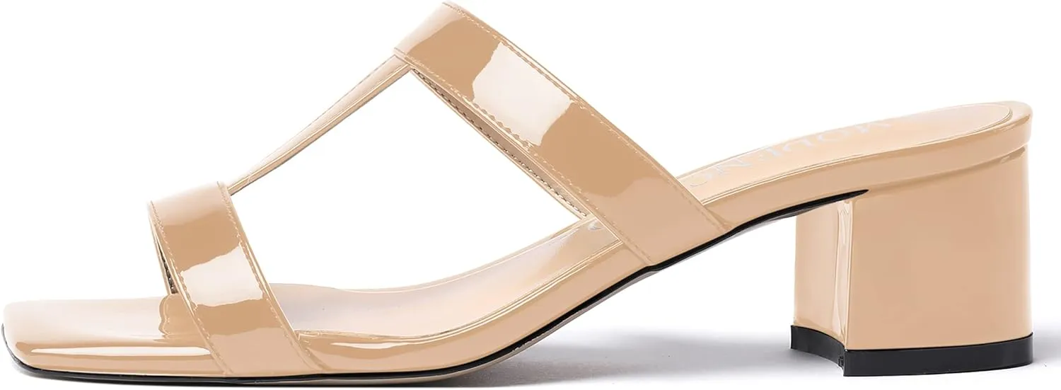 MODENCOCO Women's Slip On Casual Strap Square Toe Comfortable Patent Party Chunky Low Heel Heeled Sandals 2 Inch