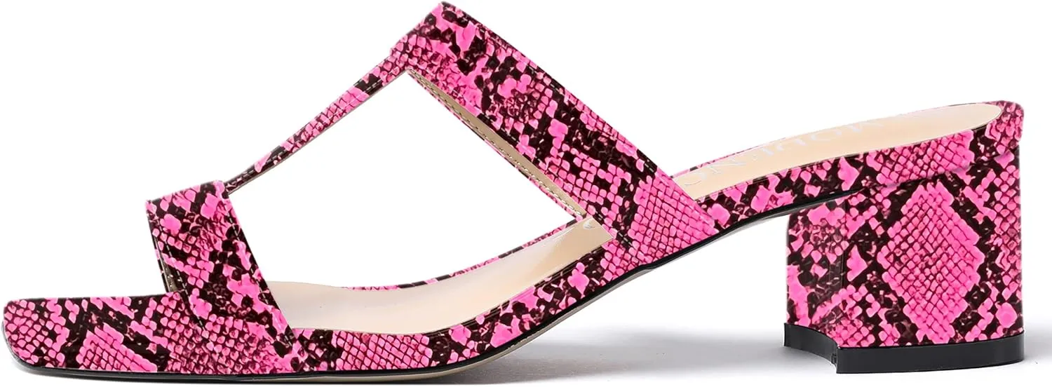 MODENCOCO Women's Slip On Casual Strap Square Toe Comfortable Patent Party Chunky Low Heel Heeled Sandals 2 Inch