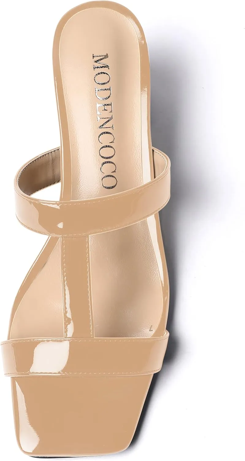 MODENCOCO Women's Slip On Casual Strap Square Toe Comfortable Patent Party Chunky Low Heel Heeled Sandals 2 Inch
