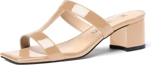 MODENCOCO Women's Slip On Casual Strap Square Toe Comfortable Patent Party Chunky Low Heel Heeled Sandals 2 Inch