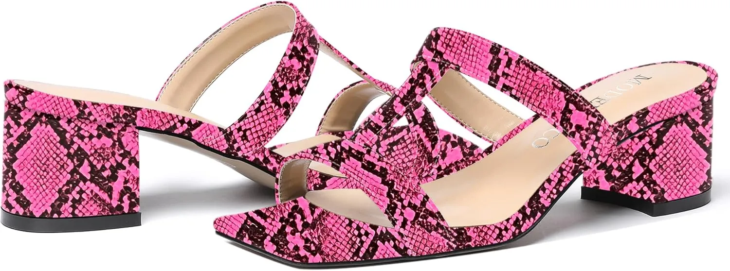 MODENCOCO Women's Slip On Casual Strap Square Toe Comfortable Patent Party Chunky Low Heel Heeled Sandals 2 Inch