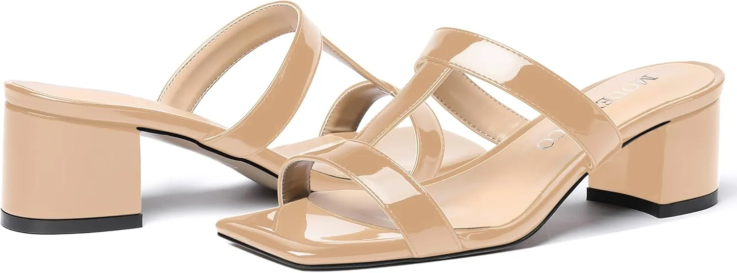 MODENCOCO Women's Slip On Casual Strap Square Toe Comfortable Patent Party Chunky Low Heel Heeled Sandals 2 Inch