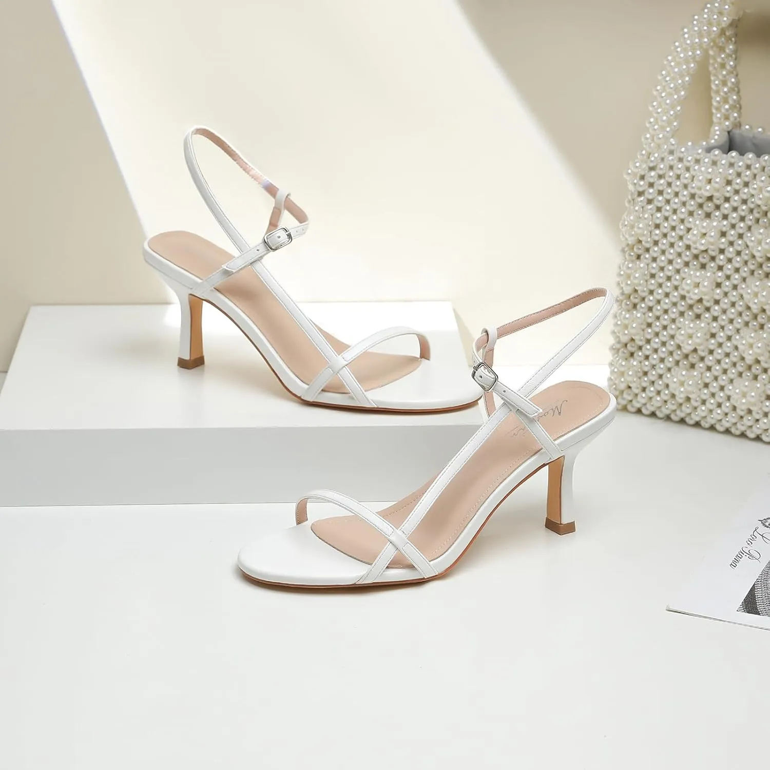 Mostrin Heels for Women Strappy Sandals Square Open Toe High Heel Sandals Ankle Strap Stiletto Heels for Party Wedding
