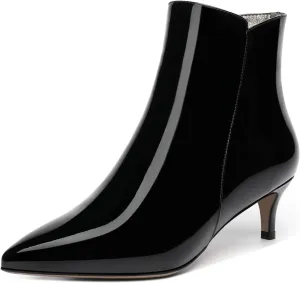 MOVINSTEPS Womens Zip Pointed Toe Solid Cold Weather Patent Work Kitten Low Heel Ankle High Boots 2 Inch