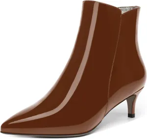 MOVINSTEPS Womens Zip Pointed Toe Solid Cold Weather Patent Work Kitten Low Heel Ankle High Boots 2 Inch