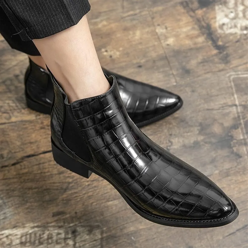 New Chelsea Boots For Men Round Toe Faux Crocodile Print PU Leather Wearable Non Slip On Casual Dress