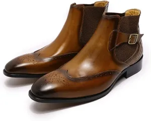 New Men's Chelsea Ankle Boots Win Tip Elastic Sided Buckle Crocodile Carved Brogue Burnished Toe Monk Belt Waterproof Slip Wearable Fashion Pull On